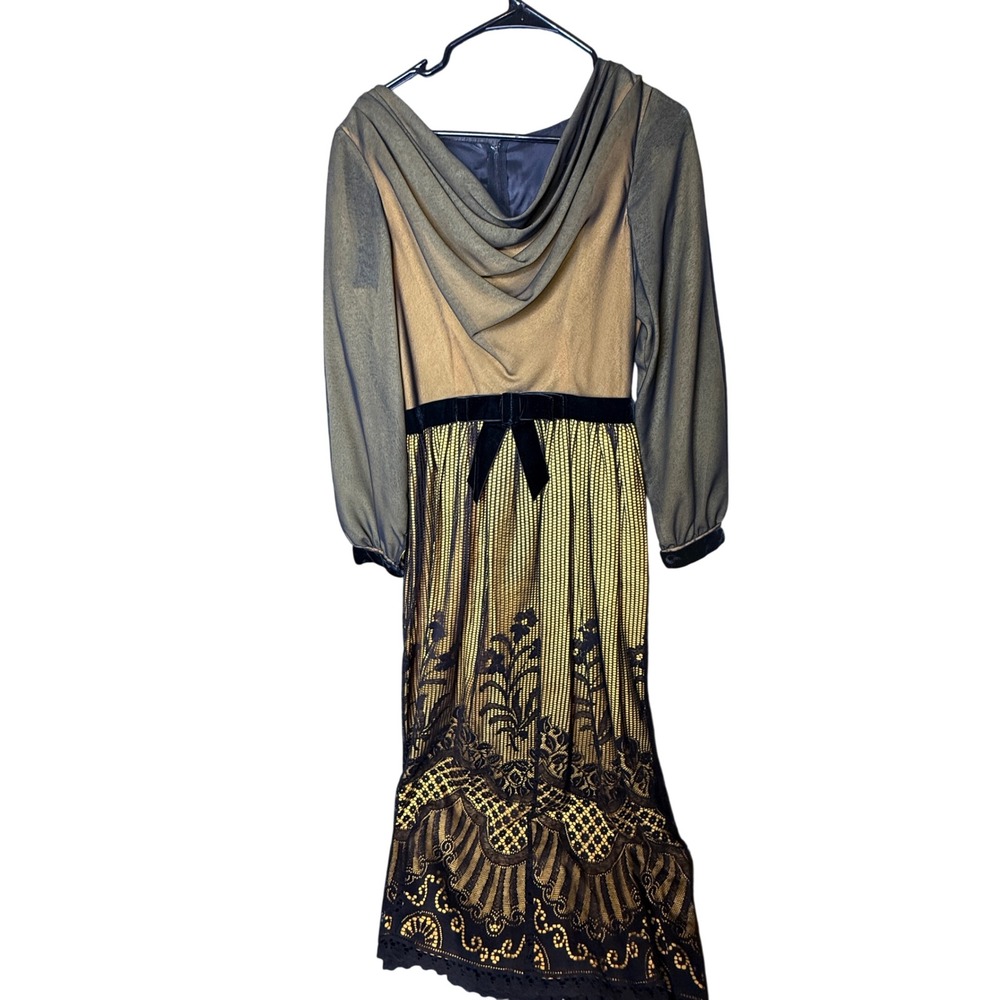 Miss Elliette California Vintage Gold Black Lace Velvet Maxi Cowl Neck Dress 12